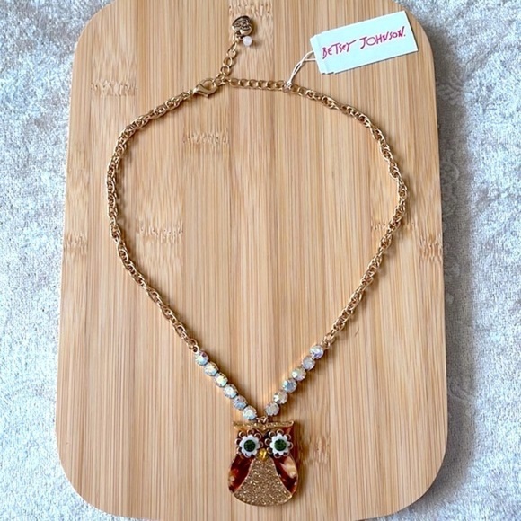 Brand New Betsey Johnson Owl Pendant Necklace Gold Tone Sparkly Fall Autumn - Picture 5 of 10